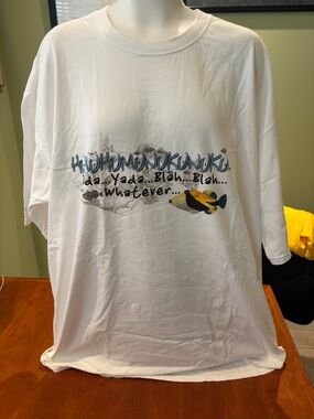 Crazy Shirts White Graphic Tee with Blue Script and Yellow Fish